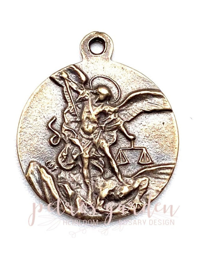 Solid Bronze SAINT MICHAEL ITALY SMALL Catholic Medal, Rosary Parts, Religious Charms, Antique Vintage Reproduction #PG7208