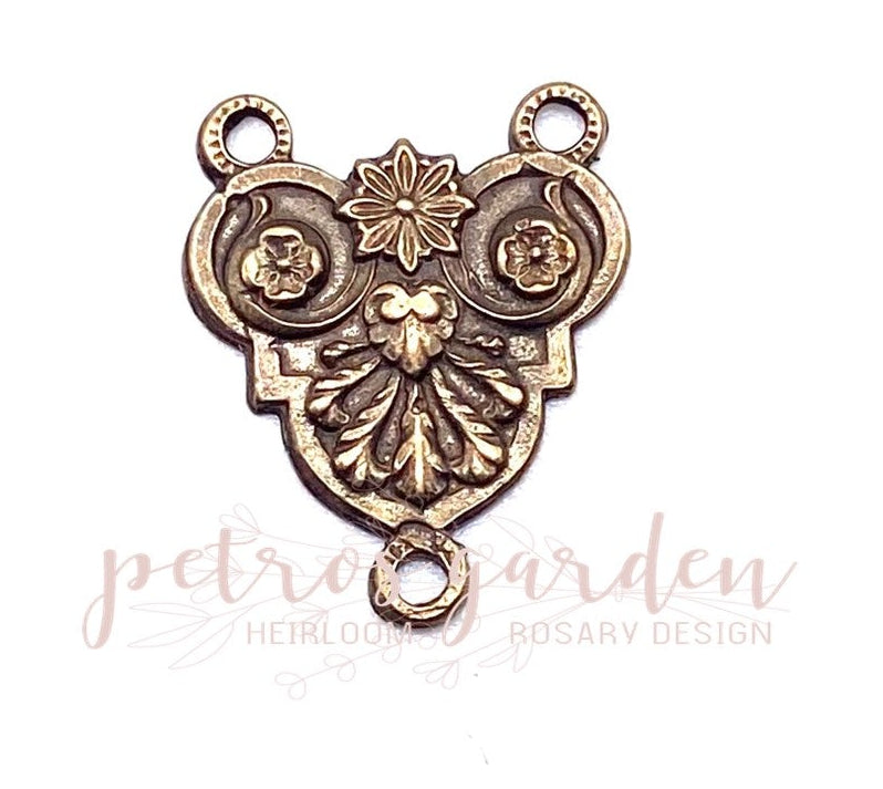 Solid Bronze SACRED HEART WITH FLOWERS Rosary Centerpiece Antique Vintage Reproduction #PG1145