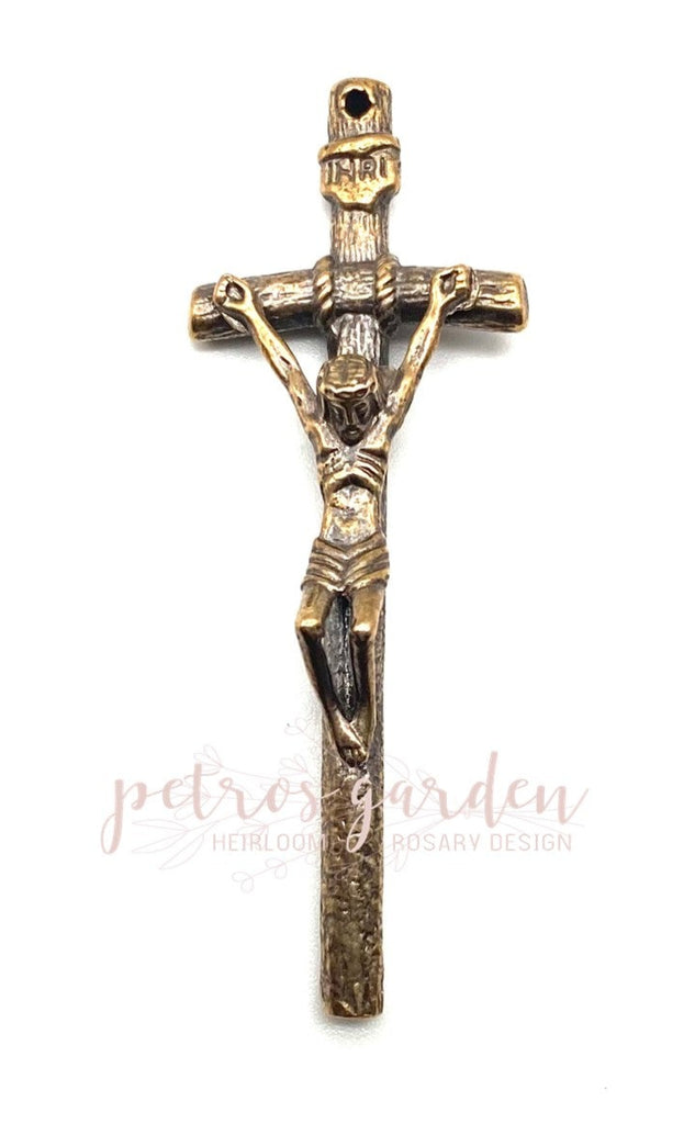 Solid Bronze PAPAL LARGE Catholic Crucifix, Rosary Parts, Religious Charm, Antique Vintage Reproduction #PG4147
