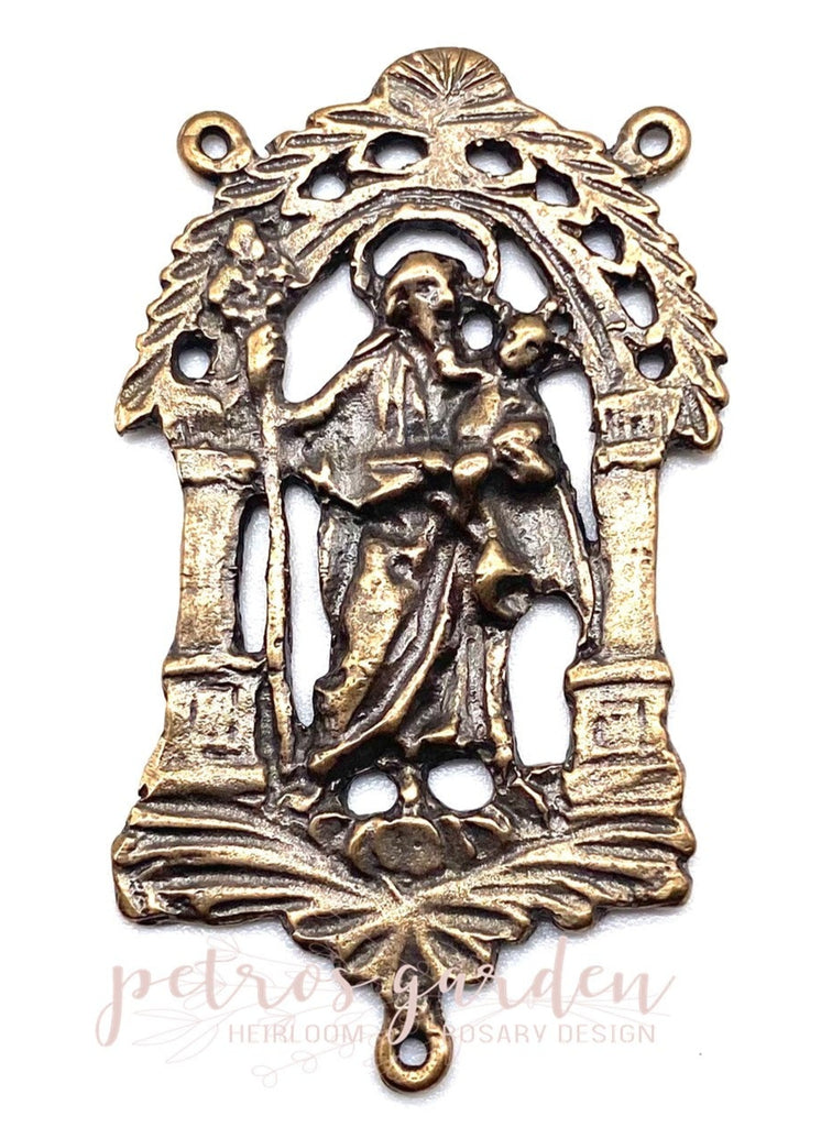 Solid Bronze ST JOSEPH WITH JESUS Rosary Centerpiece Antique Vintage Reproduction #PG2148