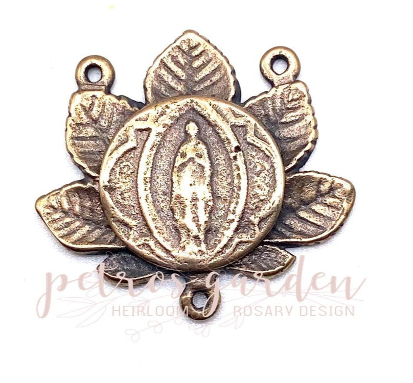 Solid Bronze MARY PRETTY LEAVES Rosary Centerpiece Antique Vintage Reproduction #PG2147