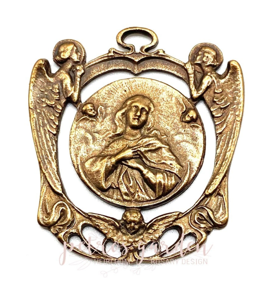 Solid Bronze MARY WITH ANGELS Catholic Medal, Rosary Pendant, Rosary Parts, Religious Charms, Antique Vintage Reproduction #PG7152