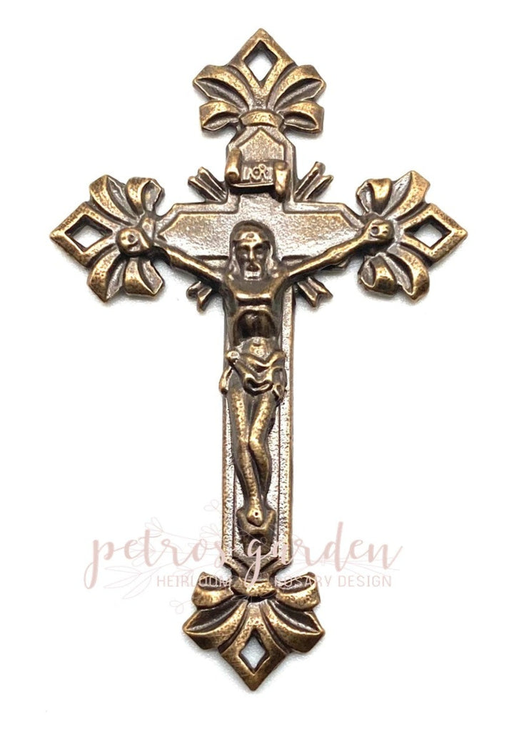 Solid Bronze DIAMOND BOWS Catholic Crucifix, Rosary Parts, Religious Charms, Antique Vintage Reproduction #PG4148