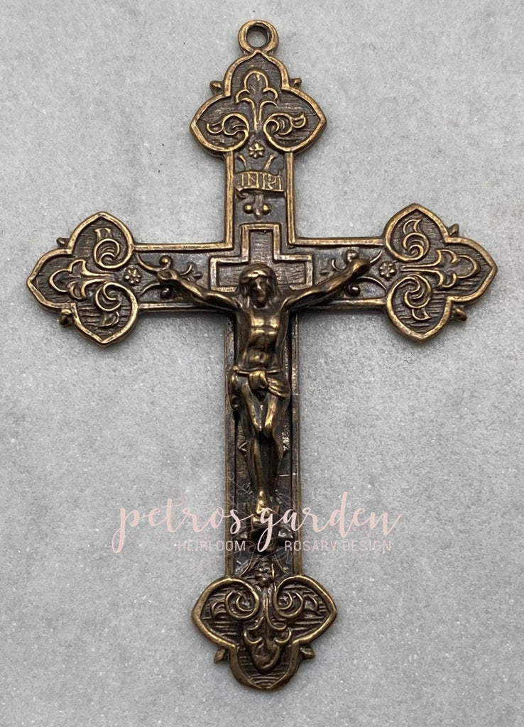 Solid Bronze BEAUTIFUL INTRICATE FLEUR DE LIS Catholic Crucifix, Rosary Parts, Religious Charms, Antique Vintage Reproduction #PG4151