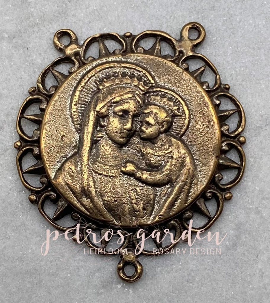 Solid Bronze MARY JESUS LACE EDGE Rosary Center Antique Vintage Reproduction #PG2138