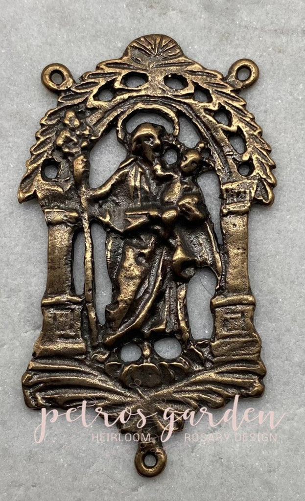 Solid Bronze ST JOSEPH WITH JESUS Rosary Centerpiece Antique Vintage Reproduction #PG2148
