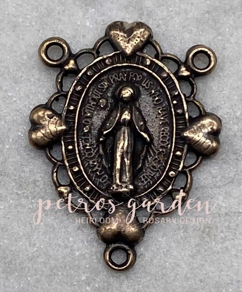 Solid Bronze MARY WITH HEARTS Rosary Centerpiece Antique Vintage Reproduction #PG1158