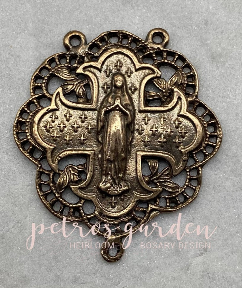 Solid Bronze MARY WITH STARS LACE Rosary Centerpiece Antique Vintage Reproduction #PG2140
