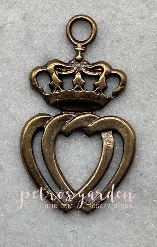 Solid Bronze DOUBLE  HEART WITH CROWN Catholic Medal, Rosary Parts, Religious Charms, Antique Vintage Reproduction #PG7209