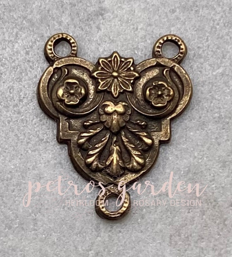 Solid Bronze SACRED HEART WITH FLOWERS Rosary Centerpiece Antique Vintage Reproduction #PG1145