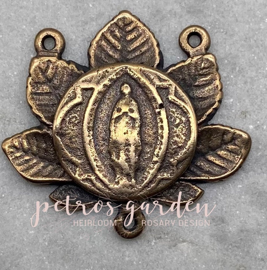 Solid Bronze MARY PRETTY LEAVES Rosary Centerpiece Antique Vintage Reproduction #PG2147