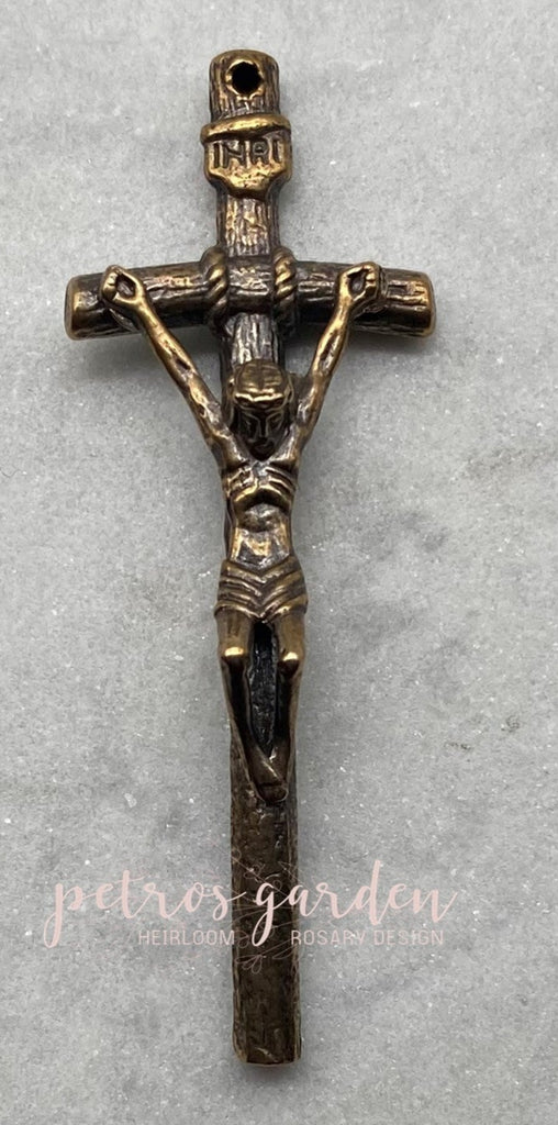 Solid Bronze PAPAL LARGE Catholic Crucifix, Rosary Parts, Religious Charm, Antique Vintage Reproduction #PG4147