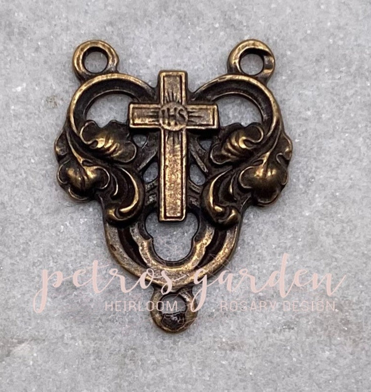 Solid Bronze HEART WITH CROSS Rosary Centerpiece Antique Vintage Reproduction #PG1147