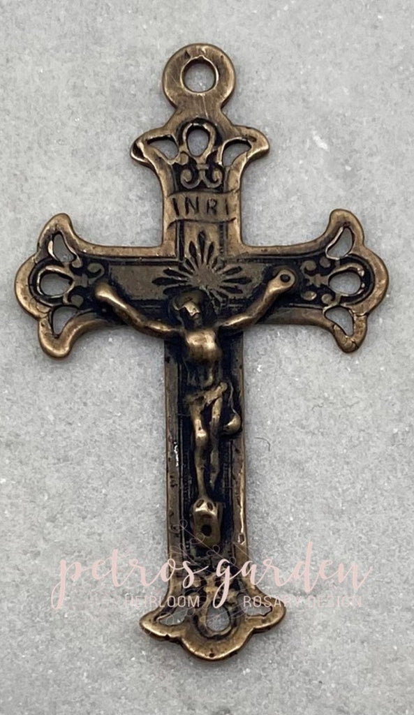 Solid Bronze FRENCH FLORAL OPEN Rosary Crucifix Antique Vintage Reproduction #PG3175