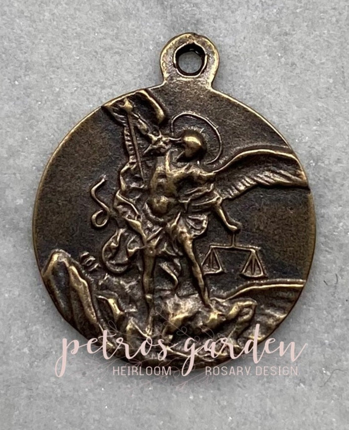 Solid Bronze SAINT MICHAEL ITALY SMALL Catholic Medal, Rosary Parts, Religious Charms, Antique Vintage Reproduction #PG7208