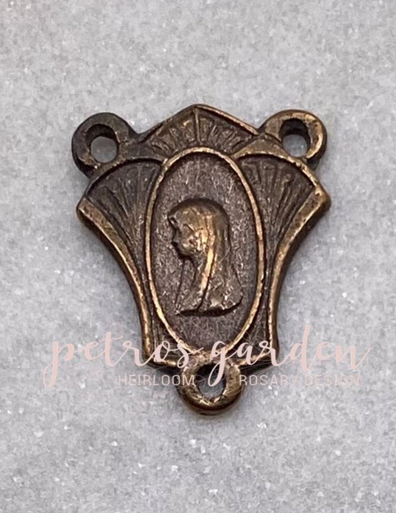 Solid Bronze OUR LADY FAN SHAPED Rosary Centerpiece Antique Vintage Reproduction #PG1150