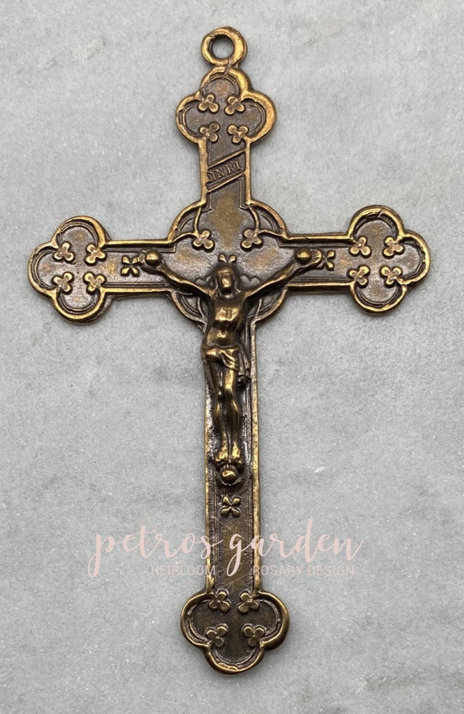 Solid Bronze MANY CLOVERS Catholic Crucifix, Rosary Parts, Religious Charms, Antique Vintage Reproduction #PG4146