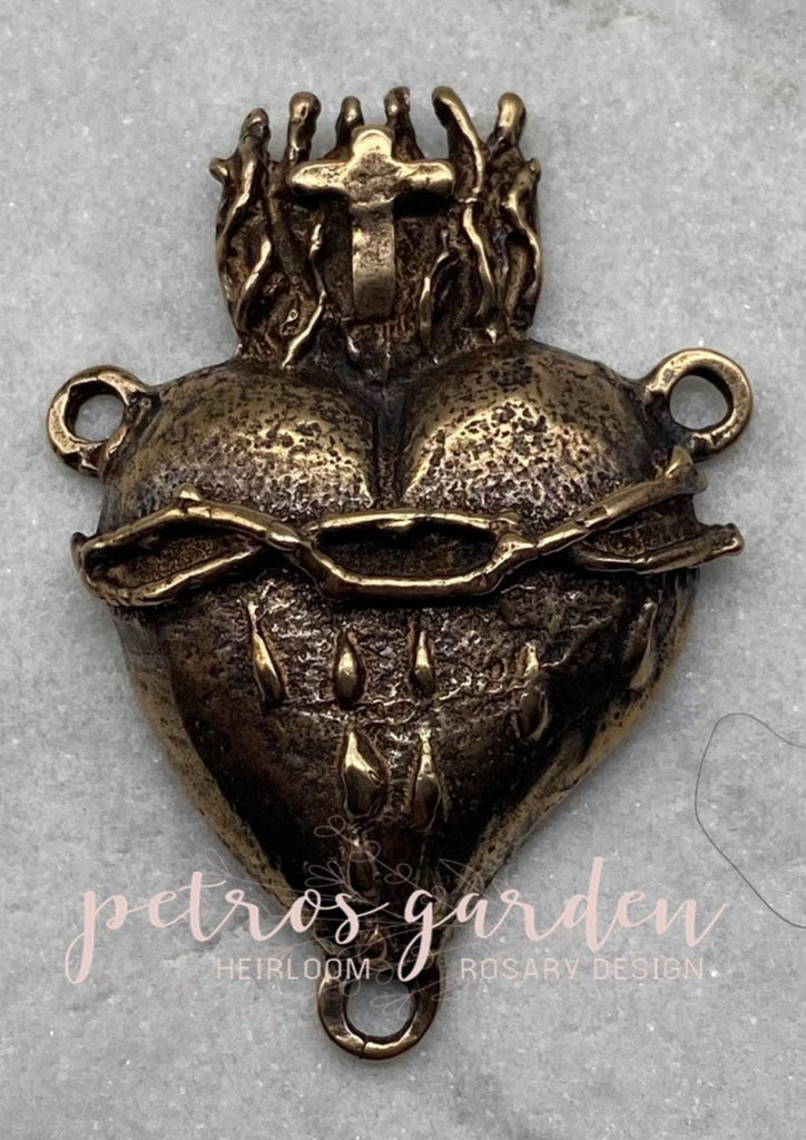 Solid Bronze LARGE SACRED HEART Rosary Centerpiece Antique Vintage Reproduction #PG2146