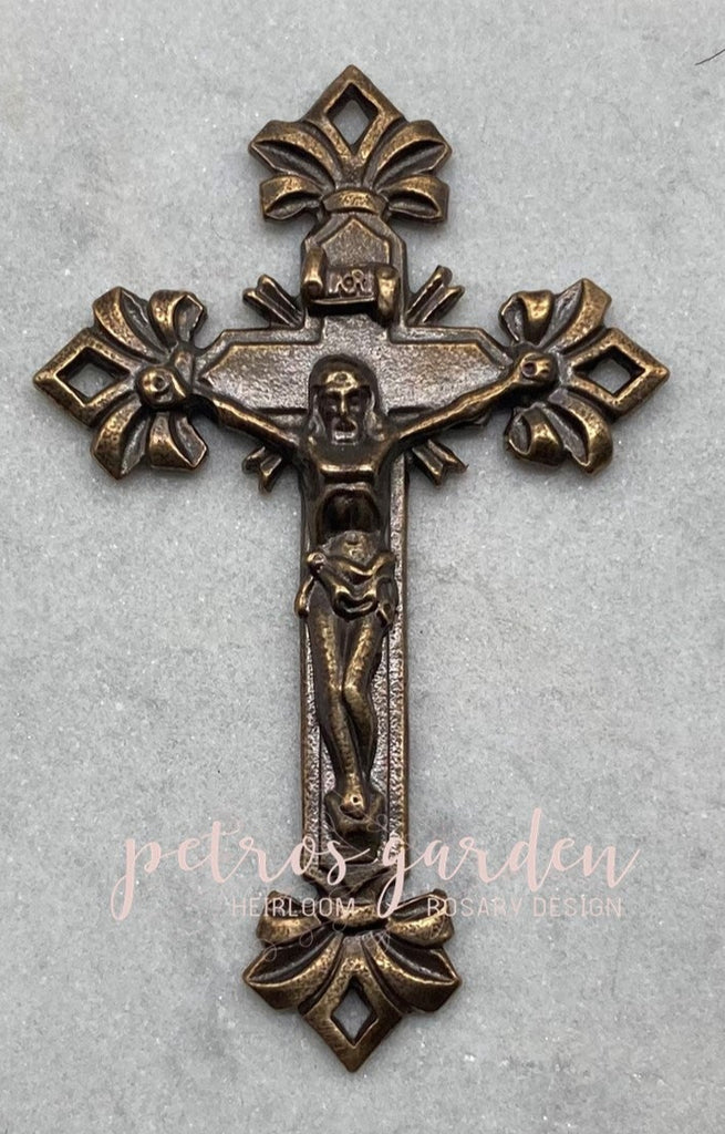 Solid Bronze DIAMOND BOWS Catholic Crucifix, Rosary Parts, Religious Charms, Antique Vintage Reproduction #PG4148
