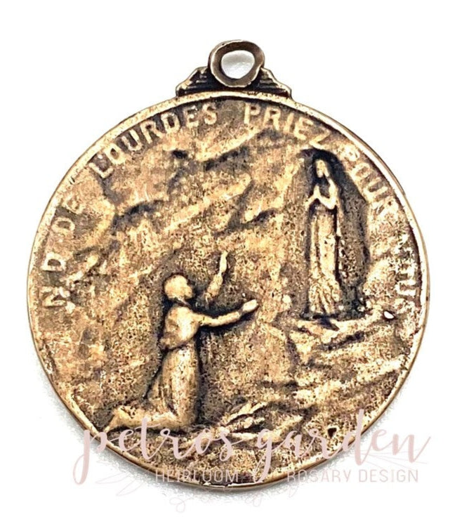 Solid Bronze LARGE SACRED HEART OF JESUS LOURDES Catholic Medal Antique Vintage Reproduction #PG7149