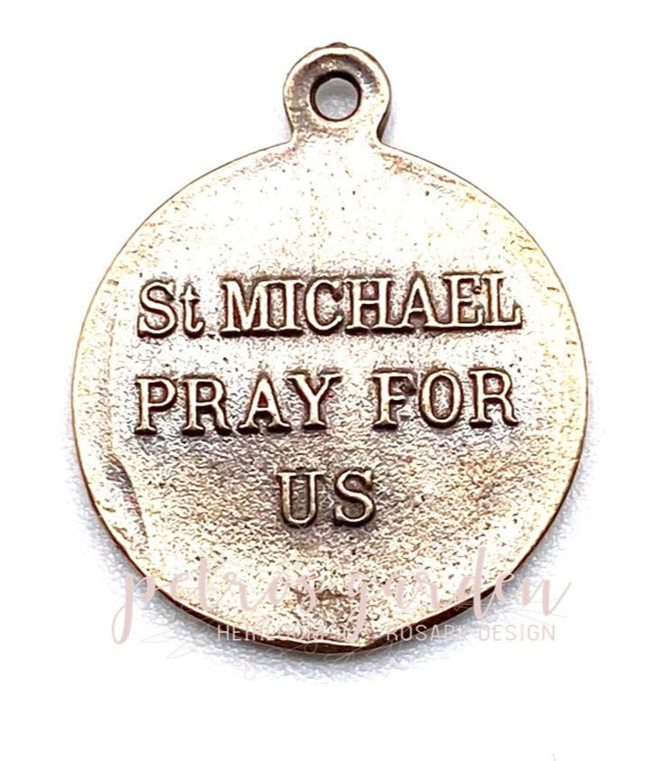 Solid Bronze SAINT MICHAEL ITALY SMALL Catholic Medal, Rosary Parts, Religious Charms, Antique Vintage Reproduction #PG7208