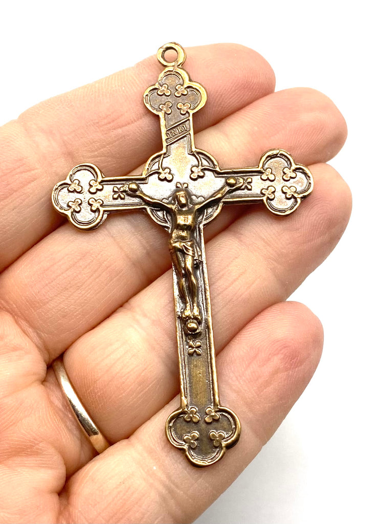 Solid Bronze MANY CLOVERS Catholic Crucifix, Rosary Parts, Religious Charms, Antique Vintage Reproduction #PG4146