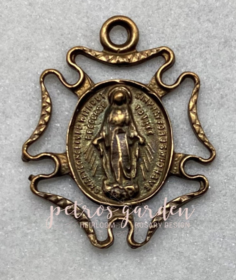Solid Bronze MIRACULOUS MEDAL OPENWORK Catholic Medal, Rosary Parts, Religious Charms, Antique Vintage Reproduction #PG7166