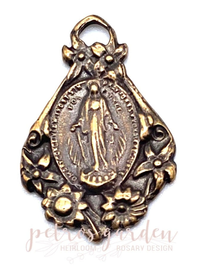 Solid Bronze MIRACULOUS MEDAL WITH FLOWERS Catholic Medal, Rosary Parts Religious Charms, Antique Vintage Reproduction #PG7164