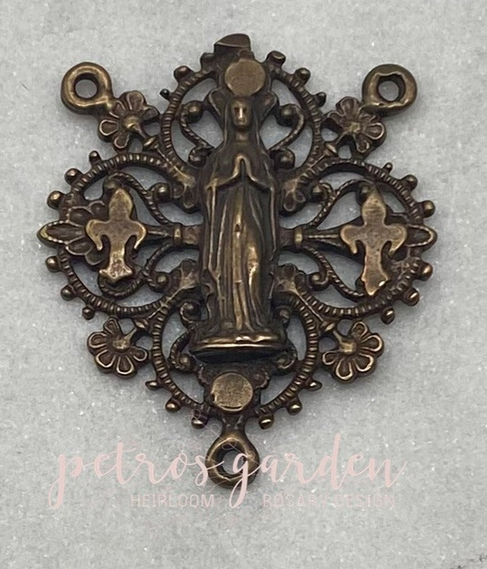 Solid Bronze MARY LACE FLEUR DE LIS Centerpiece, Rosary Center, Rosary Parts, Religious Charms, Antique Vintage Reproduction #PG2129