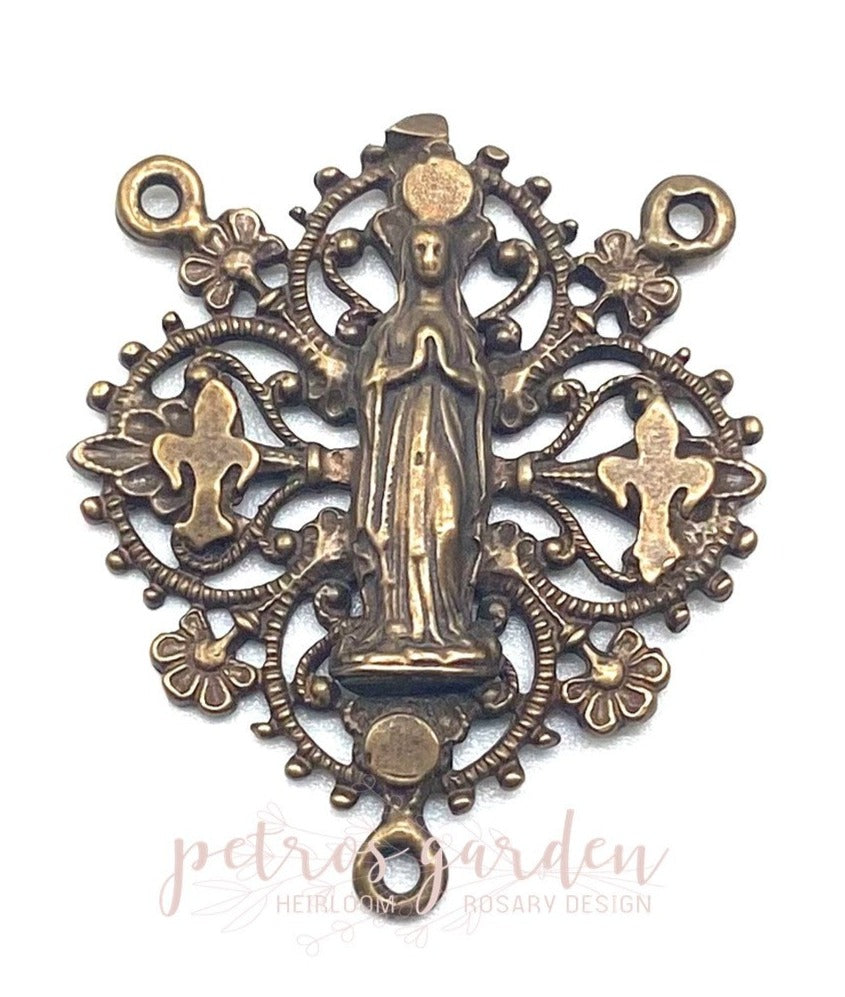 Solid Bronze MARY LACE FLEUR DE LIS Centerpiece, Rosary Center, Rosary Parts, Religious Charms, Antique Vintage Reproduction #PG2129