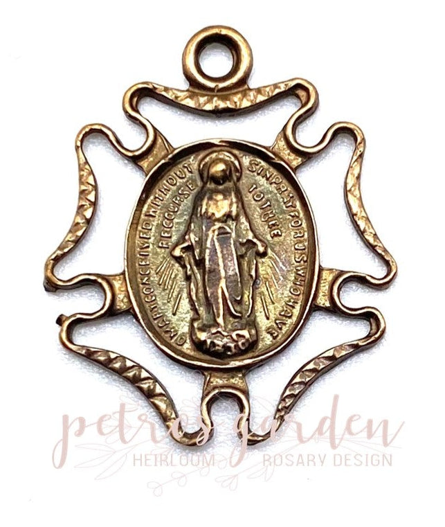Solid Bronze MIRACULOUS MEDAL OPENWORK Catholic Medal, Rosary Parts, Religious Charms, Antique Vintage Reproduction #PG7166