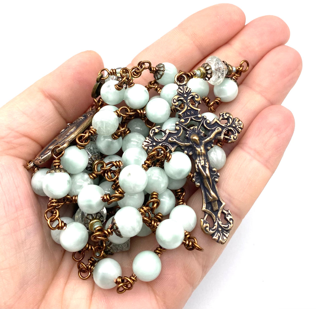 Mint Green Moonstone Gemstone Wire Wrapped Catholic Heirloom Rosary LARGE
