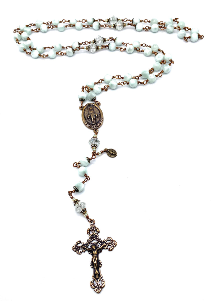 Mint Green Moonstone Gemstone Wire Wrapped Catholic Heirloom Rosary LARGE