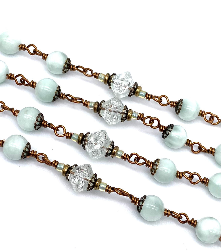 Mint Green Moonstone Gemstone Wire Wrapped Catholic Heirloom Rosary LARGE