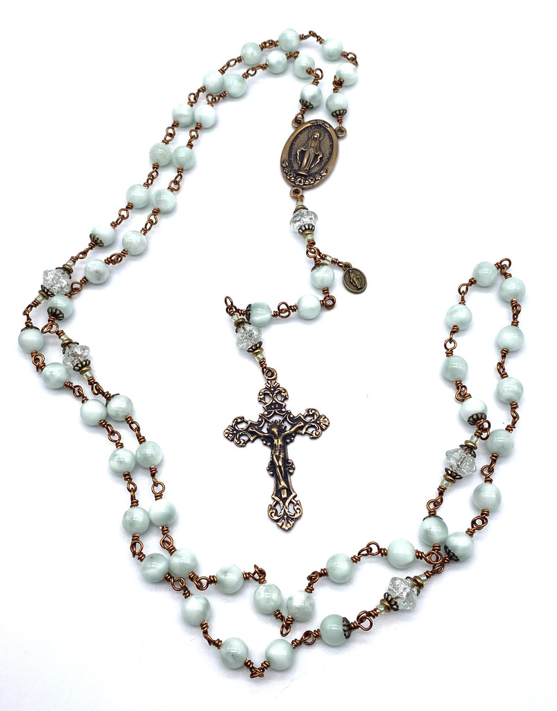 Mint Green Moonstone Gemstone Wire Wrapped Catholic Heirloom Rosary LARGE
