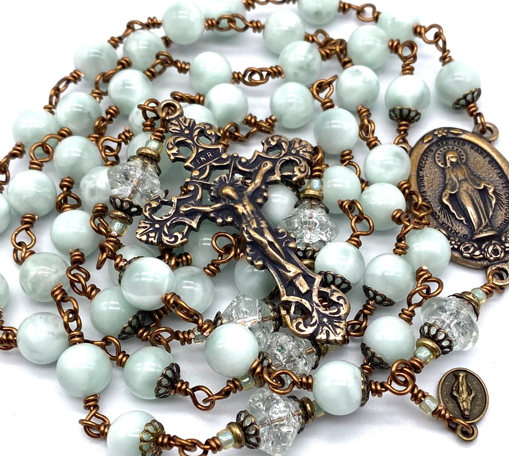 Mint Green Moonstone Gemstone Wire Wrapped Catholic Heirloom Rosary LARGE