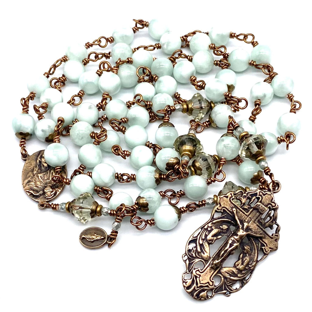 Mint Green Moonstone Gemstone Wire Wrapped Catholic Heirloom Rosary LARGE