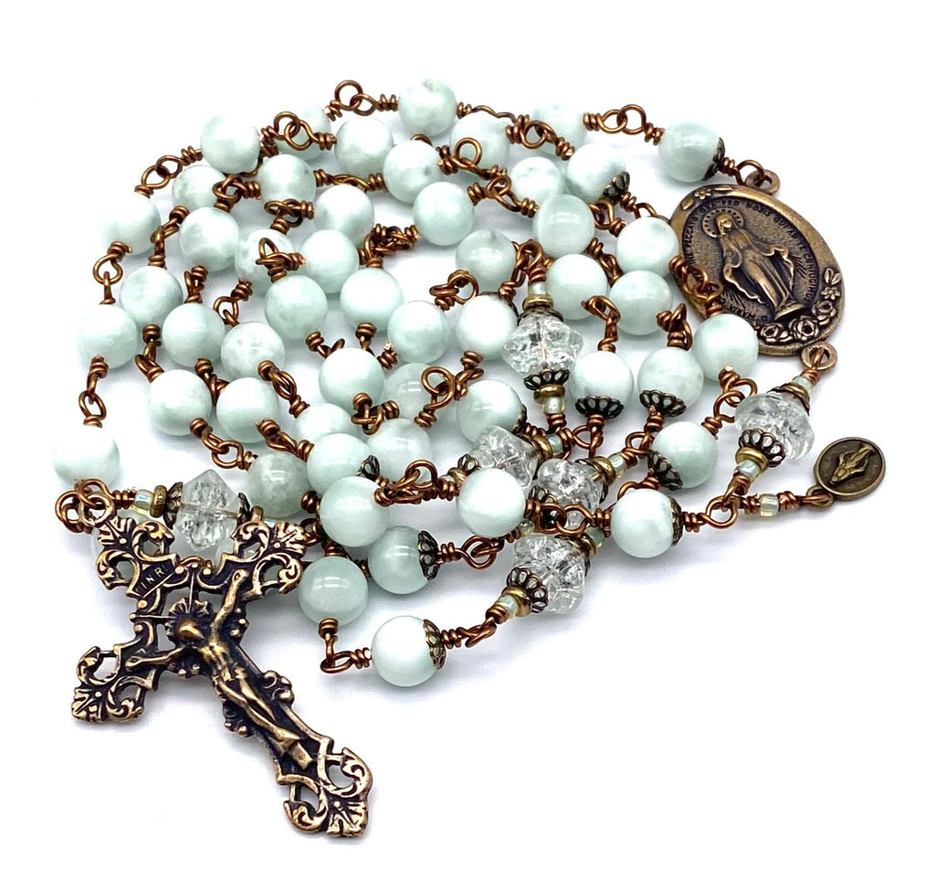 Mint Green Moonstone Gemstone Wire Wrapped Catholic Heirloom Rosary LARGE