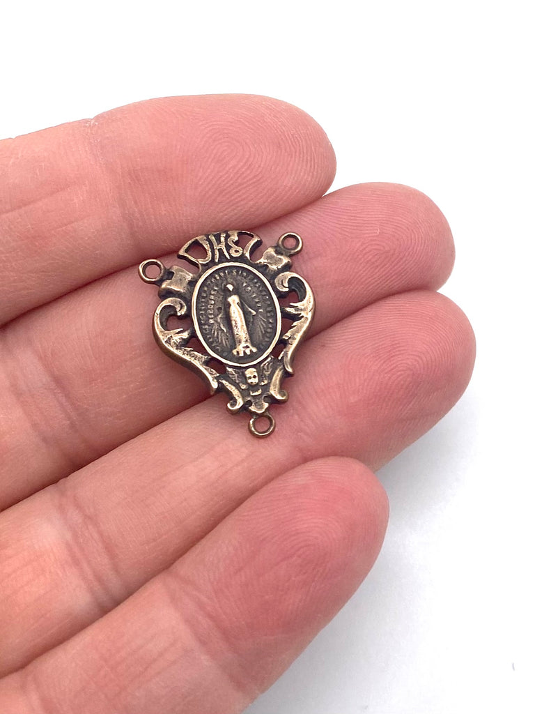 Solid Bronze MIRACULOUS MEDAL WITH ANGEL OPEN Rosary Centerpiece Antique Vintage Reproduction #PG2113