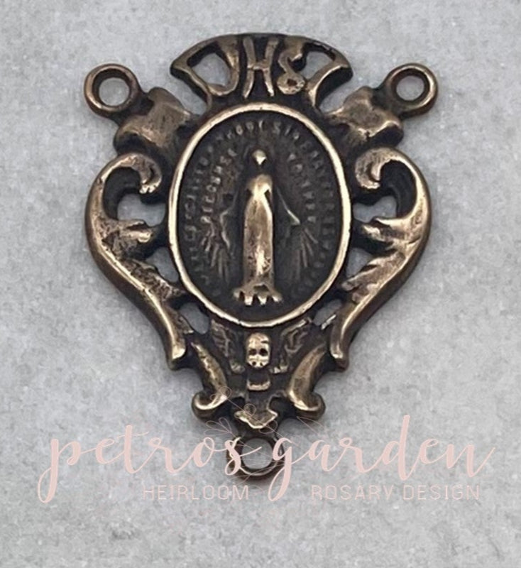 Solid Bronze MIRACULOUS MEDAL WITH ANGEL OPEN Rosary Centerpiece Antique Vintage Reproduction #PG2113
