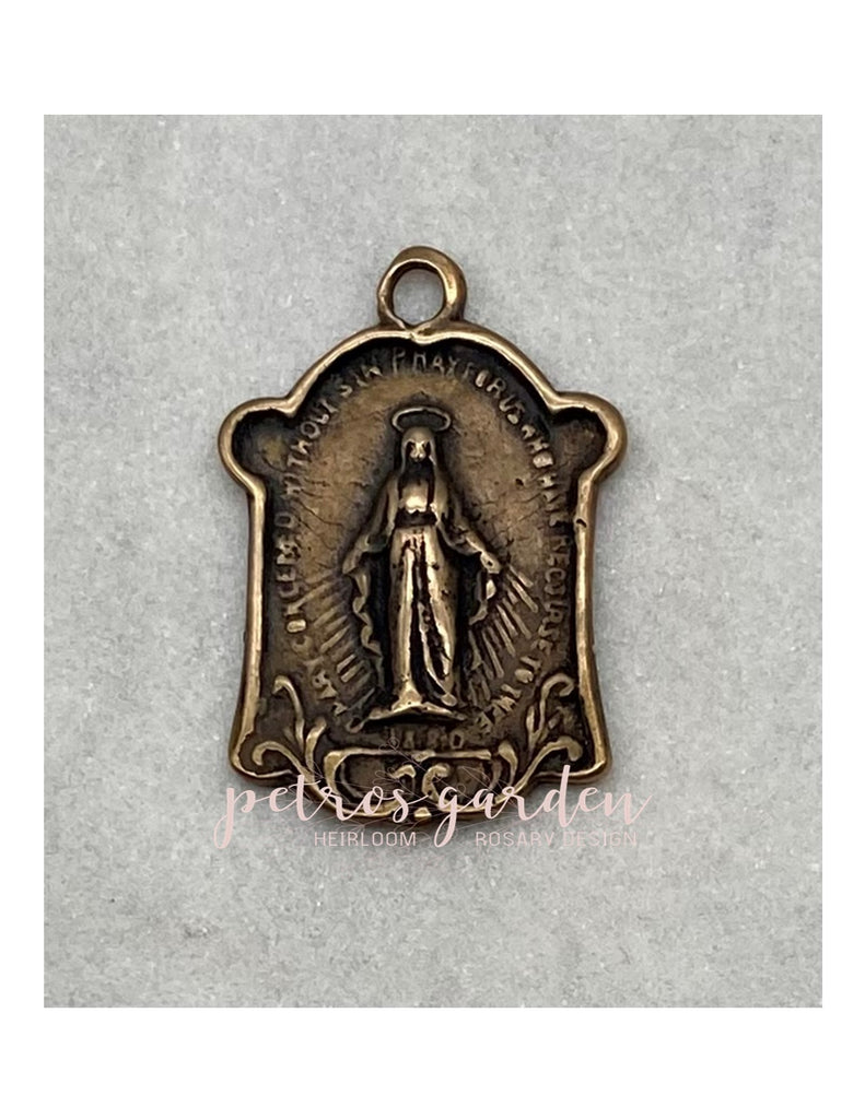 Solid Bronze MIRACULOUS MEDAL SCROLL FRAMED Catholic Medal, Religious Charms, Antique/Vintage Reproduction #PG7123
