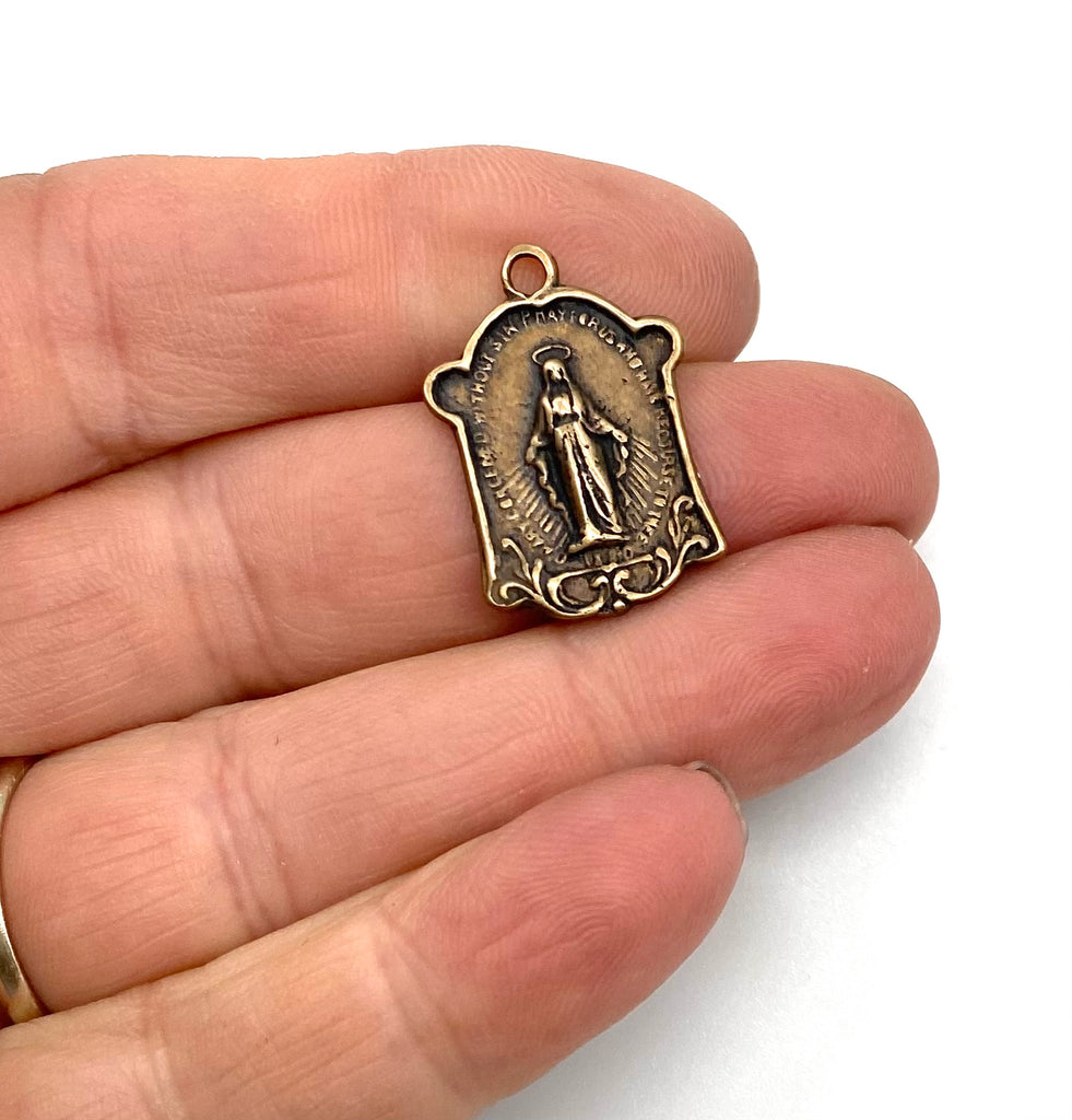 Solid Bronze MIRACULOUS MEDAL SCROLL FRAMED Catholic Medal, Religious Charms, Antique/Vintage Reproduction #PG7123
