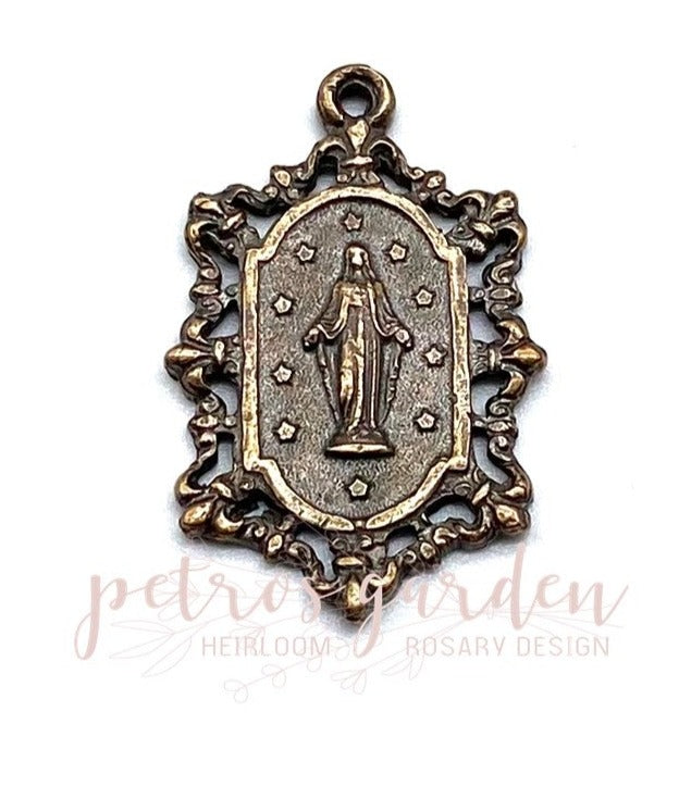 Solid Bronze MIRACULOUS MEDAL WITH LACE BORDER Catholic Medal, Catholic Pendant Jewelry, Religious Charm, Antique/Vintage Reproduction #PG7140