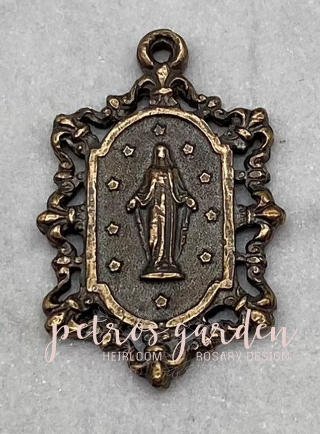 Solid Bronze MIRACULOUS MEDAL WITH LACE BORDER Catholic Medal, Catholic Pendant Jewelry, Religious Charm, Antique/Vintage Reproduction #PG7140