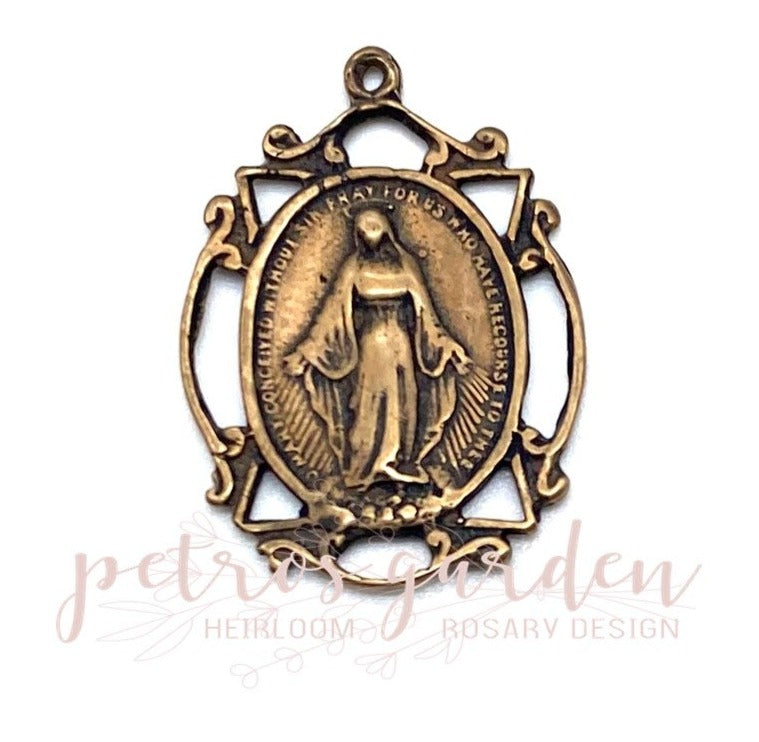Solid Bronze MIRACULOUS MEDAL OPENWORK Catholic Medal, Religious Charm, Antique/Vintage Reproduction #PG7119