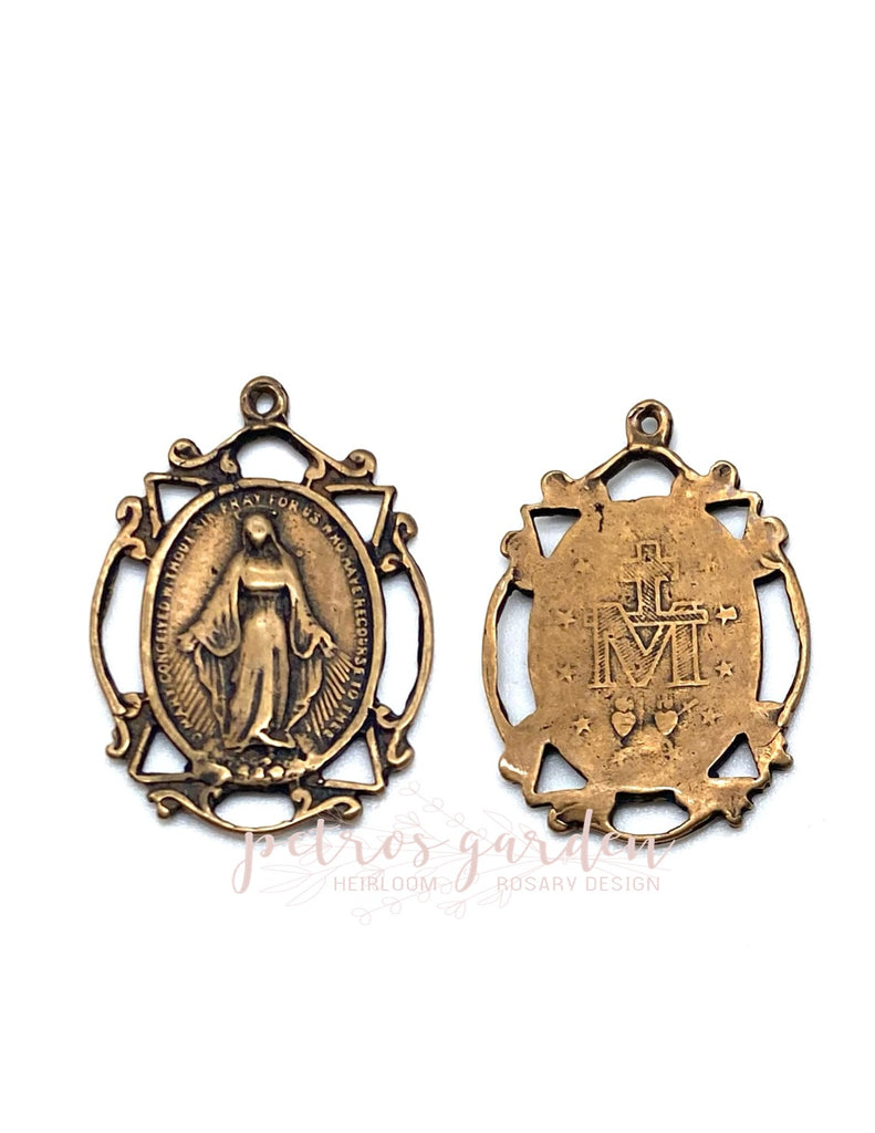 Solid Bronze MIRACULOUS MEDAL OPENWORK Catholic Medal, Religious Charm, Antique/Vintage Reproduction #PG7119