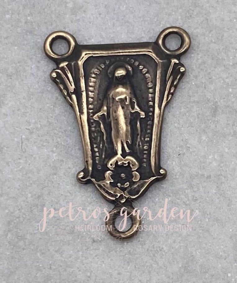 Solid Bronze MIRACULOUS MEDAL WITH FLOWER Center, Catholic Centerpiece, Rosary Parts, Religious Charm, Antique/Vintage Reproduction #PG1122