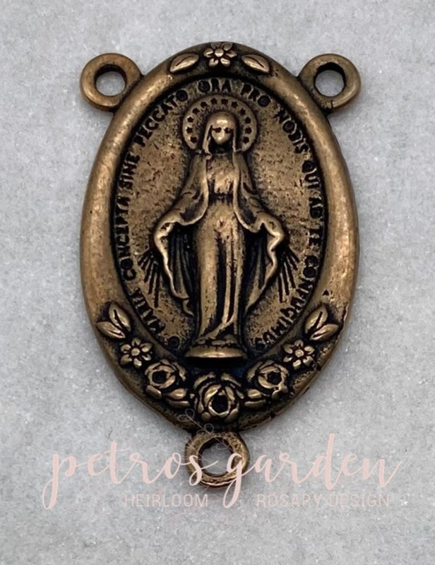 Solid Bronze MIRACULOUS MEDAL LARGE OVAL FLORAL  Rosary Centerpiece Antique Vintage Reproduction #PG2116