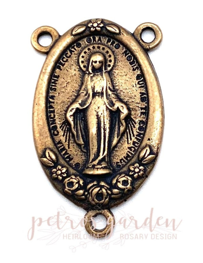 Solid Bronze MIRACULOUS MEDAL LARGE OVAL FLORAL  Rosary Centerpiece Antique Vintage Reproduction #PG2116
