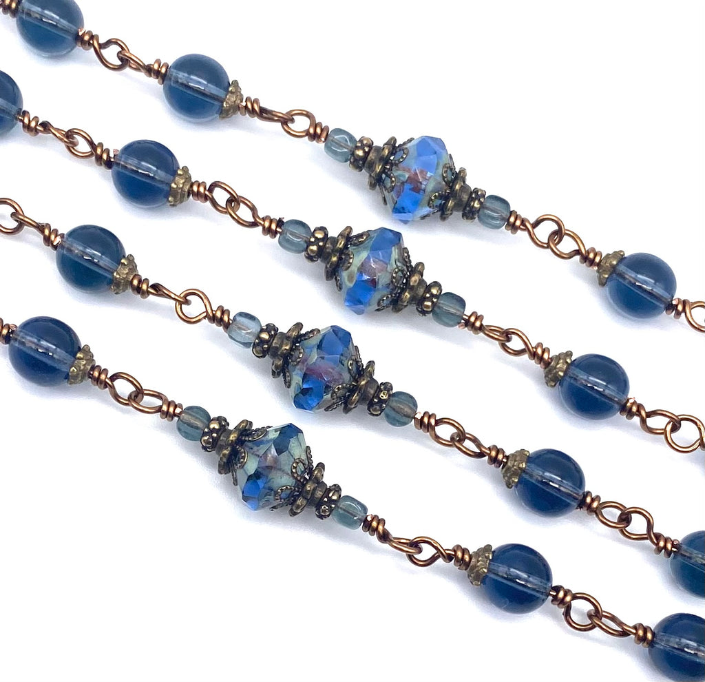 Montana Blue Czech Glass Wire Wrapped Catholic Heirloom Rosary LARGE